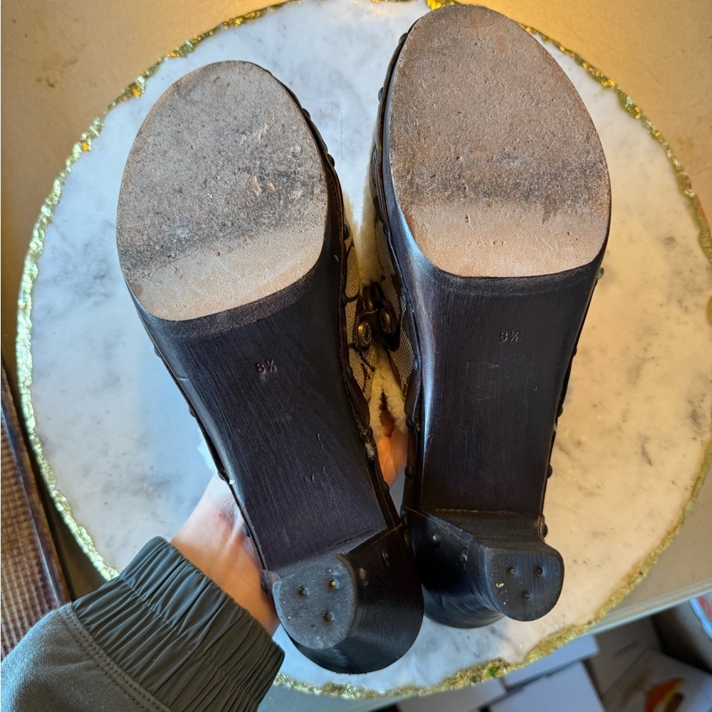 Coach Brown Signature Canvas Shearling-Trim Slip-On Mules - Picture 2 of 3